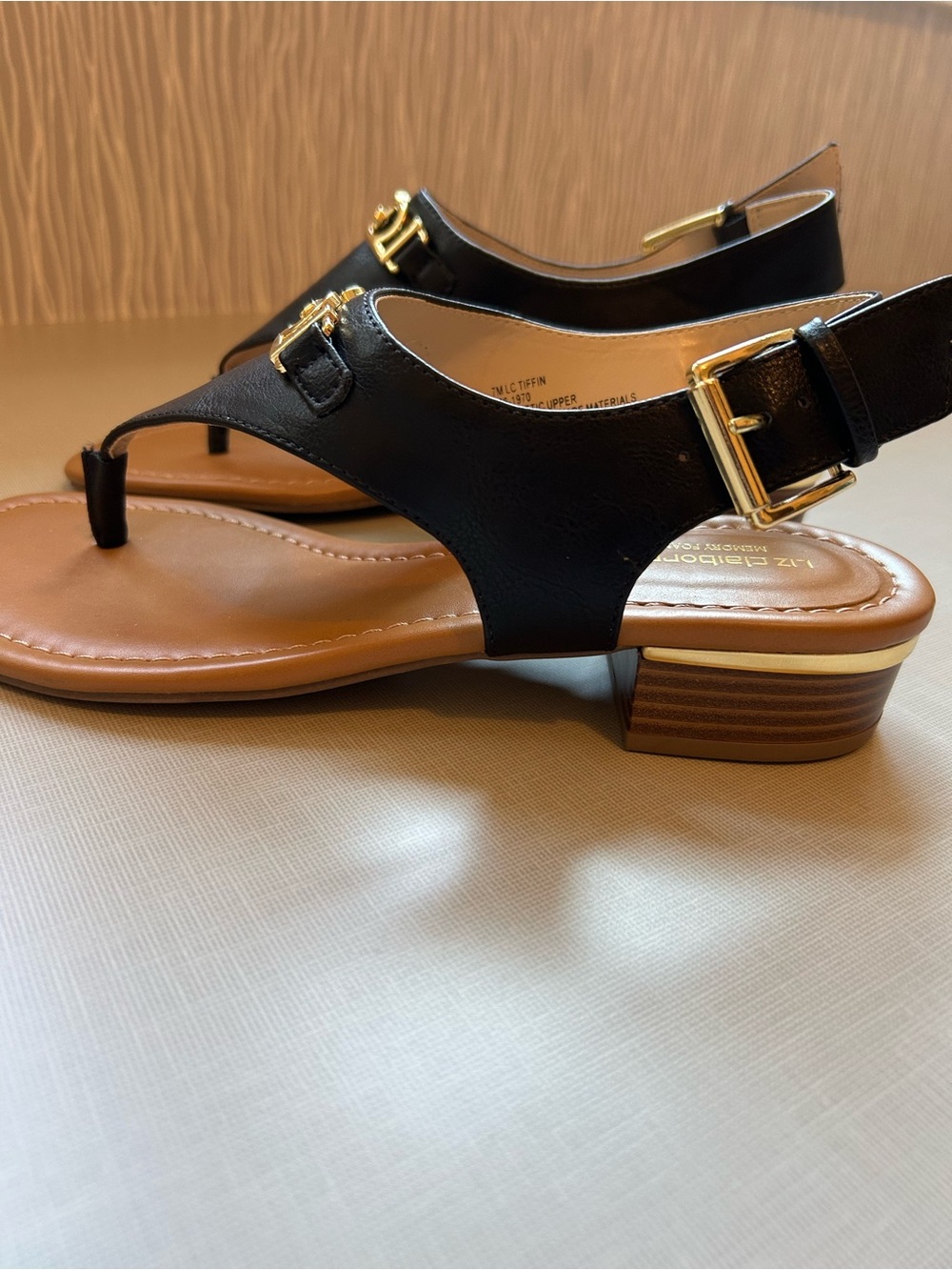 NWT Liz Claiborne Tiffin Black Sandals with Gold accents adjustable Buckle 7